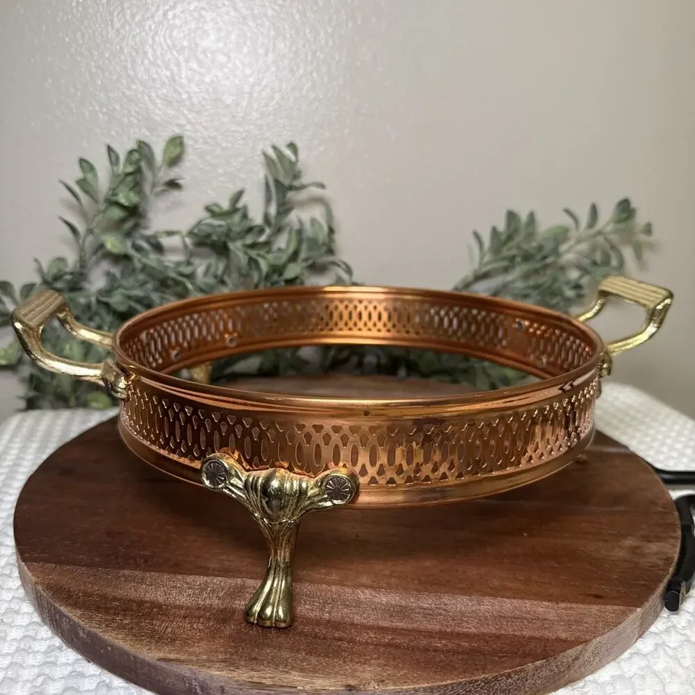 Copper Brass Gallery Bowl Holder Casserole Stand Footed Hollywood Regency Vtg
